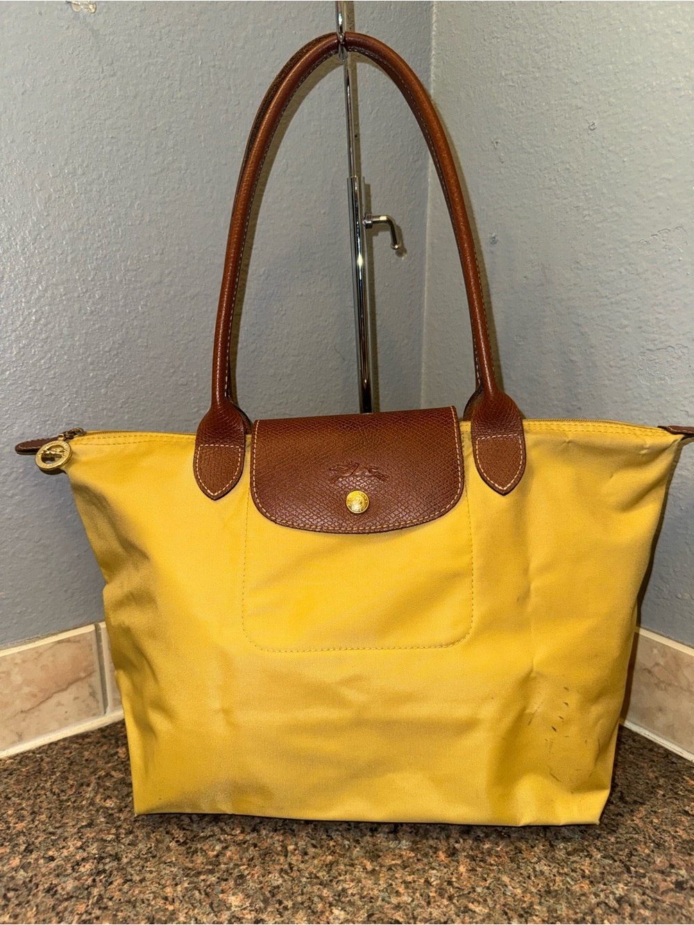 Longchamp Le Pliage rare yellow tote.